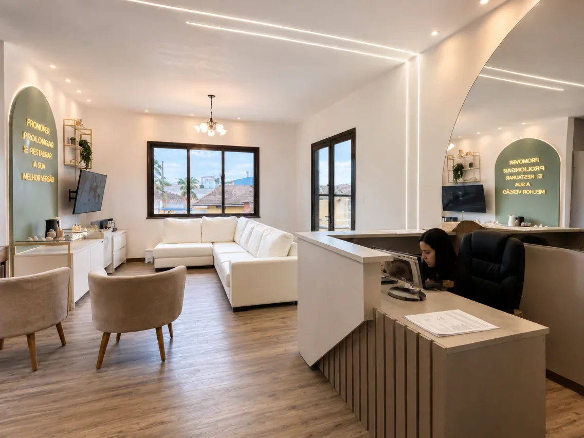 Sala de procedimentos e ambiente de espera da Pele & Forma